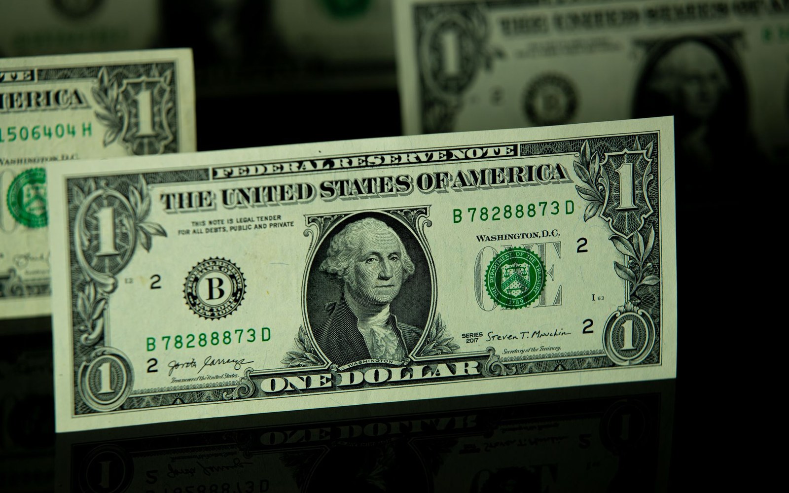 One-dollar bills standing upright against a dark reflective surface