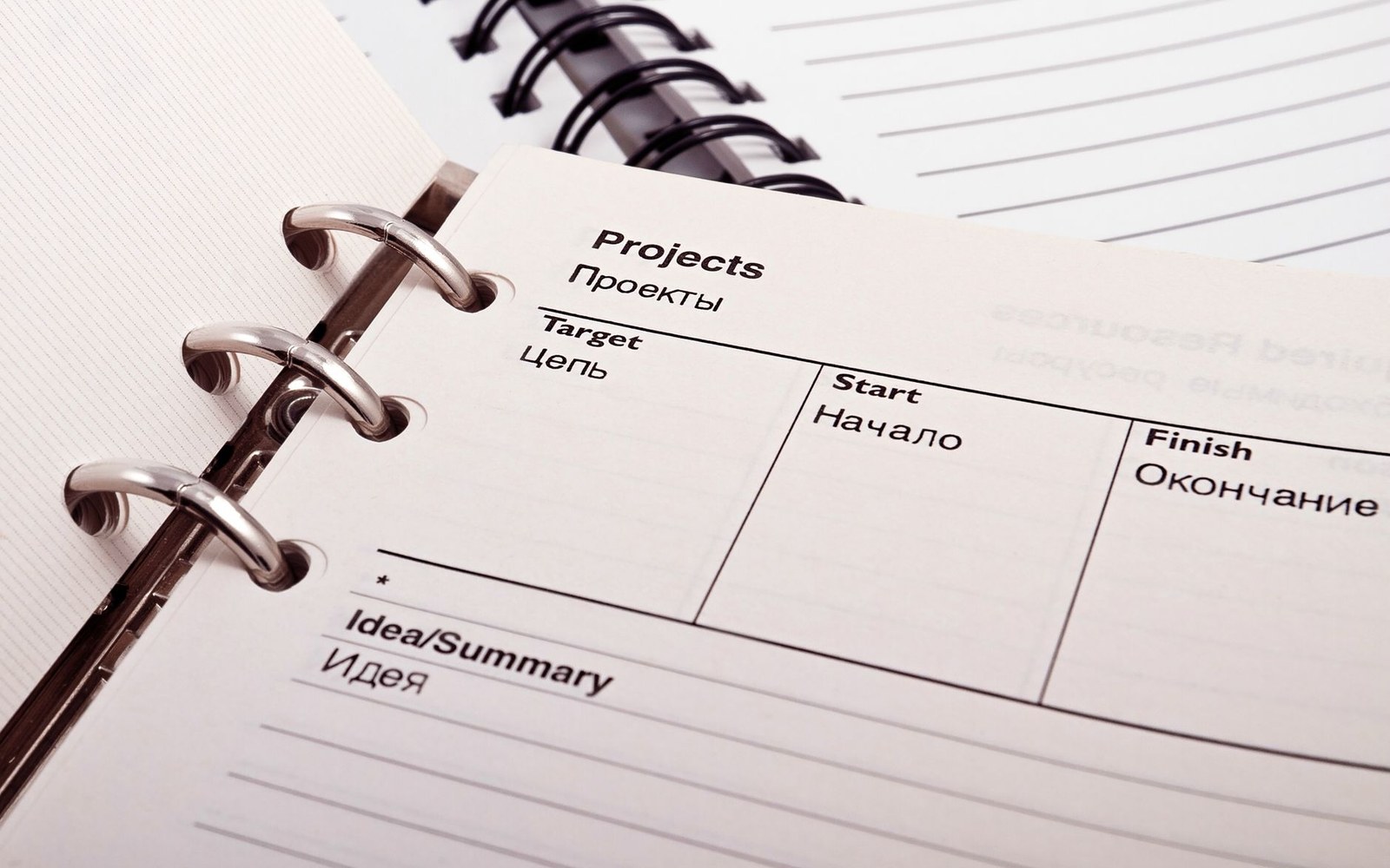 Spiral-bound planner page with bilingual project tracking fields for target, start and finish dates